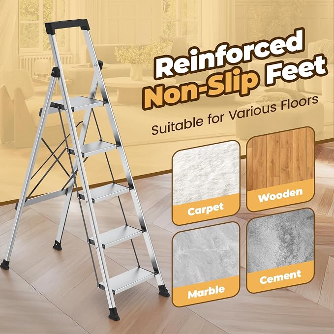 HBTower 5 Step Ladder, Lightweight Aluminum Folding Step Stool | Anti-Slip Wide Pedal, 330lbs Capacity Step Ladder for Household Kitchen Office, Silver