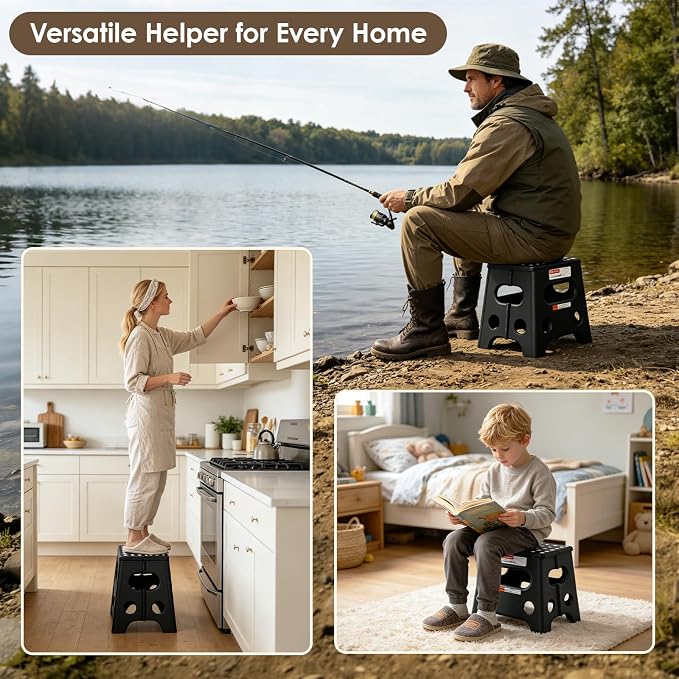 HBTower 13 Inch Folding Step Stool, 450LBS Capacity with Safety Lock, Black | Portable Foldable Stools,Non-Slip Surface,Built-in Handle,Heavy Duty Foot Stool for Adults & Kids,Home, Indoor & Outdoor Use