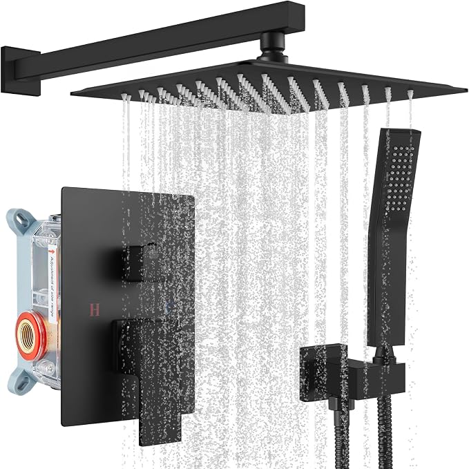 gotonovo Shower Faucet Set with Handheld Spray Matte Black,10'' Head | SUS304 Rainfall Shower Head and Handle Set System Fixture,Pressure Balance Valve Trim Kit,Single Handle,Wall Mount,All Metal