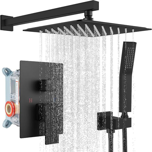 gotonovo Shower Faucet Set with Handheld Spray Matte Black,10'' Head | SUS304 Rainfall Shower Head and Handle Set System Fixture,Pressure Balance Valve Trim Kit,Single Handle,Wall Mount,All Metal