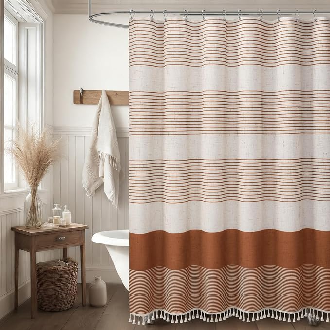 Fall Orange Boho Linen Striped Shower Curtain with Tassel 72"W X 72"L | Boho Farmhouse Shower Curtains with Linen Texture for Bathroom Decor