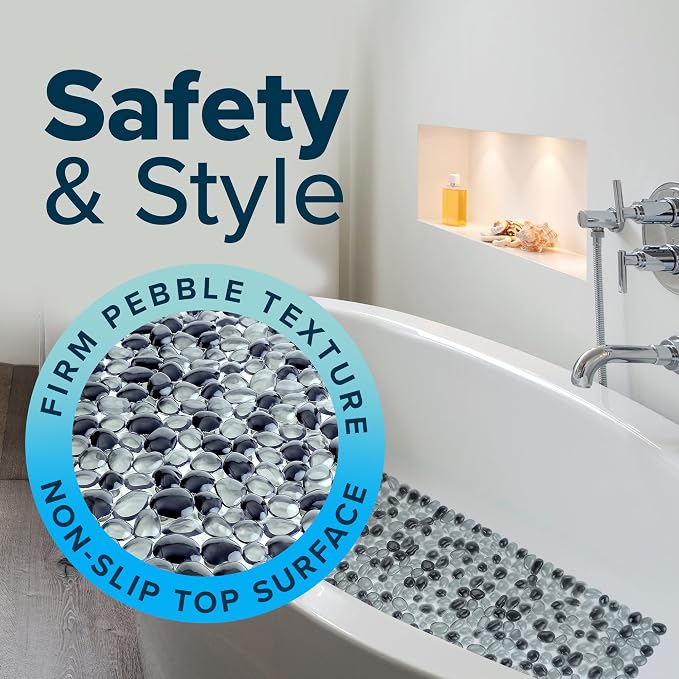 SlipX Solutions 38"x17" Pebble Non Slip Mat for Bath & Shower, Dark Gray | Foot Massaging Accupressure Bathtub Mat, River Rock Look, 188 Suction Cups, Machine Washable