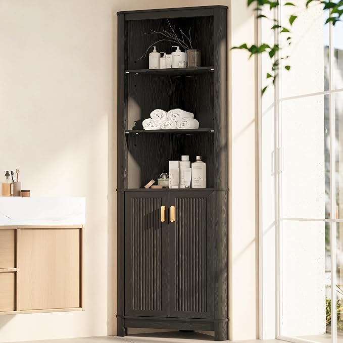 69" Tall Corner Shelf with Doors, 6-Tier Corner Storage Cabinet with Doors, Space Saver Shelf for Bathroom, Bathroom Floor Cabinet for Living Room Kitchen, Hallway