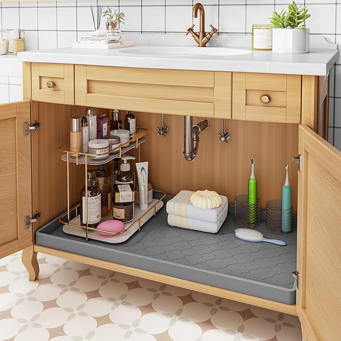 Jin&Bao Under Sink Mat 40" x 22" Waterproof Silicone Cabinet Kitchen Liner | Silicone under kitchen sink mat,cabinet protector,bathroom shelf liner,raised edge,anti-slip,easy to clean & dishwasher safe