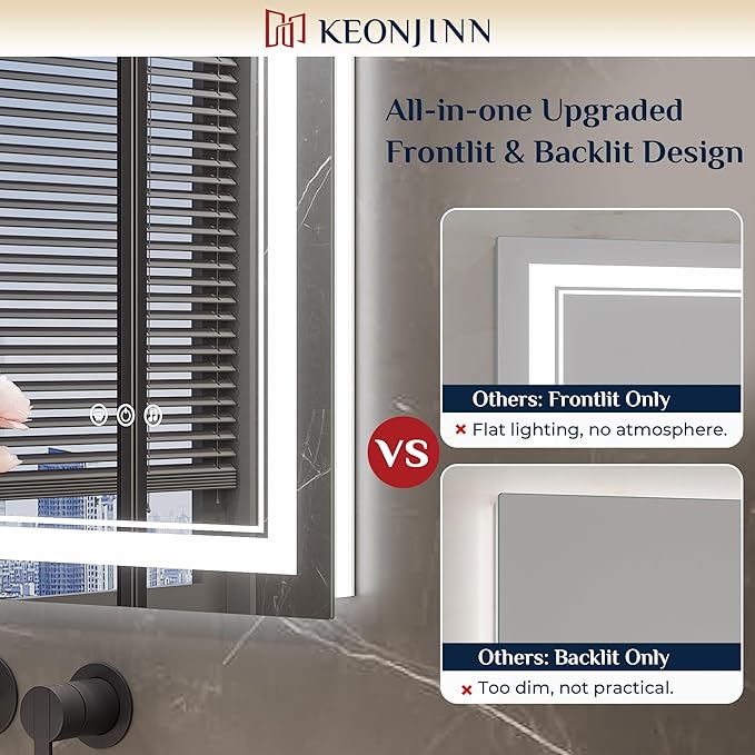 Keonjinn 32 x 36 Inch LED Bathroom Mirror with Lights, Frontlit & Backlit | Bluetooth Speaker, Bluetooth Mirror Bathroom, Stepless Dimmable 3-Color Lights, Tempered Glass, Fast & Safe Defogging, CRI90+
