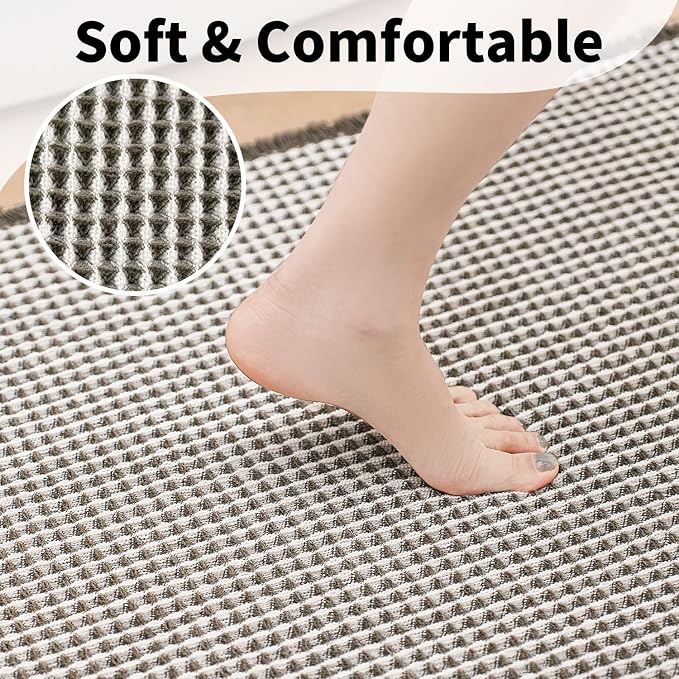 Waffle Bath Mat, Boho Bathroom Rugs Non Slip Washable, 20" x 32" | Super Absorbent Quick Dry Bath Mat, Small Boho Bathroom Mats, Soft Waffle Weave Farmhouse Bathroom Decor, Olive Green & White