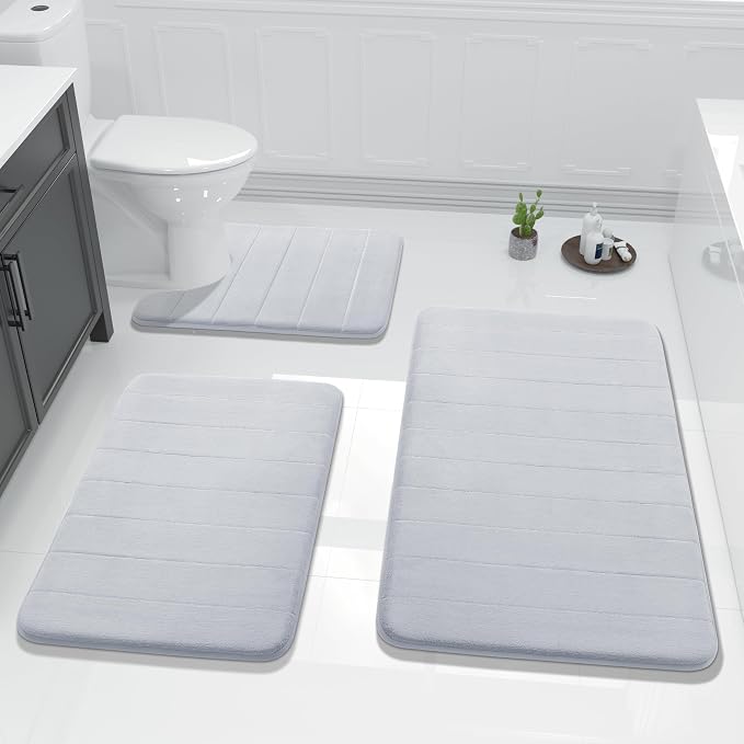 Yimobra 3 Pieces Memory Foam Bath Mat Set with U-Shaped Toilet Rug - Non Slip Super Soft Absorbent Quick Dry Bathroom Rugs for Bathtub, Vanity & Toilet Base, Silver