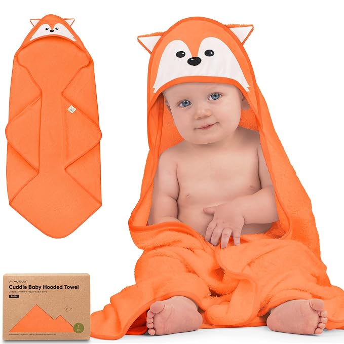KeaBabies Hooded Baby Towel for Newborn, Baby Bath Towels (Fox, 30x30) | Viscose Derived from Bamboo, Large Baby Towels with Hood, Boys, Girls, Toddler, Soft Absorbent Baby Bath Essentials
