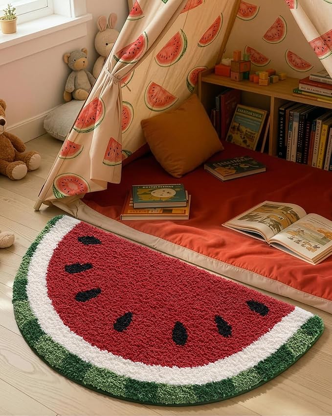 DEXI Cute Watermelon Bath Mat, Half Round Fruit Bathroom Rugs 36x20 | Soft and Absorbent Microfiber, Non Slip, Machine Washable Bathmat for Shower Floor, Bedroom, Kids Room, Home Decor