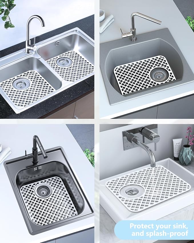 2 Pack Silicone Sink Protectors for Kitchen Sink, Trellis 13x11 White | Heat-resistant Non-Slip and Durable Silicone Grid Mat, 13-9/16" x 11-5/8" Rear Drain
