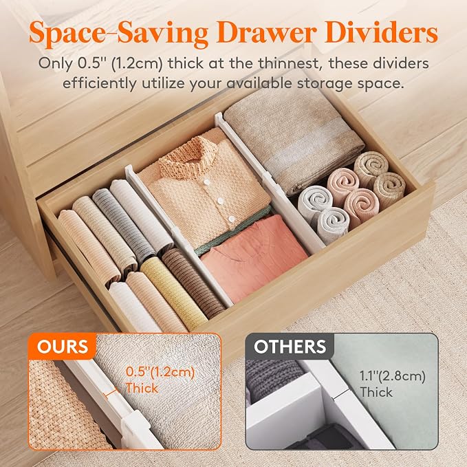 Lifewit 8" Tall Drawer Dividers, Adjustable Deep Drawer Organizer Clothes | 8 Pack 13.8"-22.2" Expandable White Plastic Separators for Dresser, Kitchen, Cabinet, Closet, Office Organization & Storage