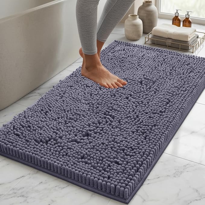 LuxUrux Bath Mat, Extra-Soft Plush Non-Slip Bathroom Rug, Luxury Chenille Microfiber Material, Super Absorbent Shaggy Bath Rug. Machine Wash & Dry (17 x 24 inches, Dark Gray)