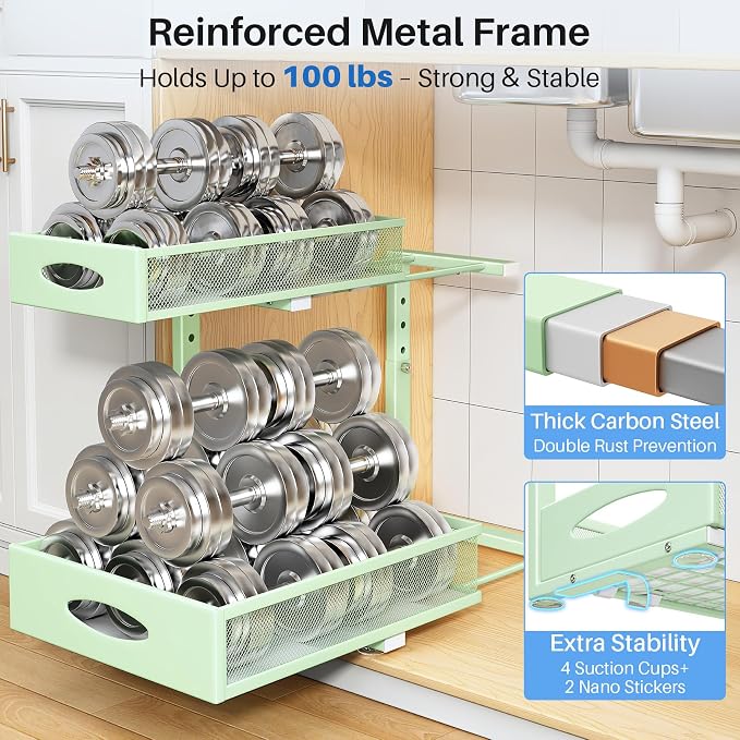 Under Sink Organizer, 2 Pack 2 Tier Pull Out Under Cabinet Organizer Shelf with Pad for Framed Cabinets, Metal Slide Out Under Sink Storage, Mesh Sliding Drawers for Kitchen Bathroom Laundry, Green