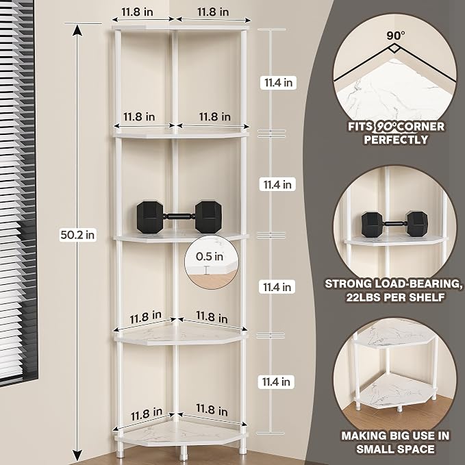 5 Tier Corner Shelf Stand, 50.2", Marble White | Metal Frame, Bathroom Kitchen Shelf Organizer Storage, Small Corner Shelf for Bedroom Living Room Decor Accessories