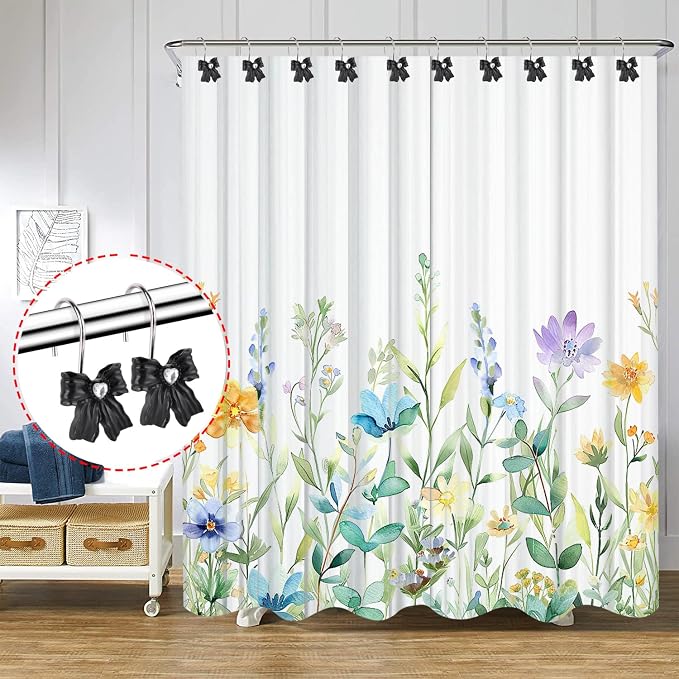 12PCS Shower Curtain Hooks Rings,Black Bow Decorative Shower Curtain Hooks | Modern Home Decorativ Rust Resistant Hangers Shower Hooks for Bathroom Shower Rod,Bedroom,Living Room