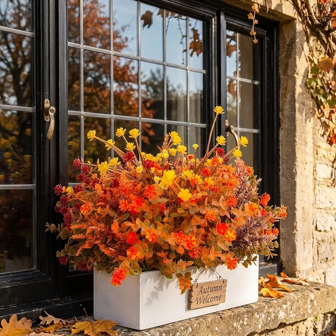 Hananona 12 Pcs Artificial Fall Flowers Outdoor, Faux Artificial Plants UV Resistant Plastic Autumn Flower for Hanging Planter Front Door Porch Window Home Decor (12, Orange)