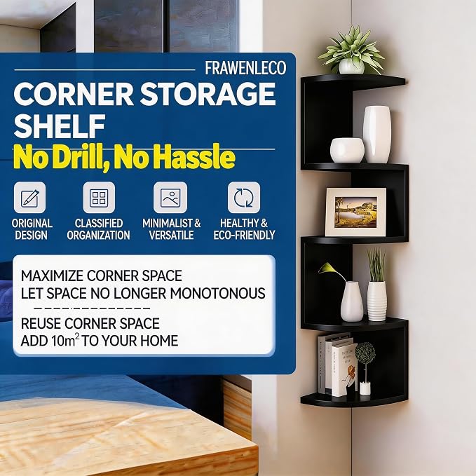 No-Drill Corner Shelf Wall Mount, 5-Tier Thickened Floating Bookshelf with Hooks, Space-Saving Zigzag Plant Shelf for Bedroom, Living Room, Bathroom, Home Office (Black)