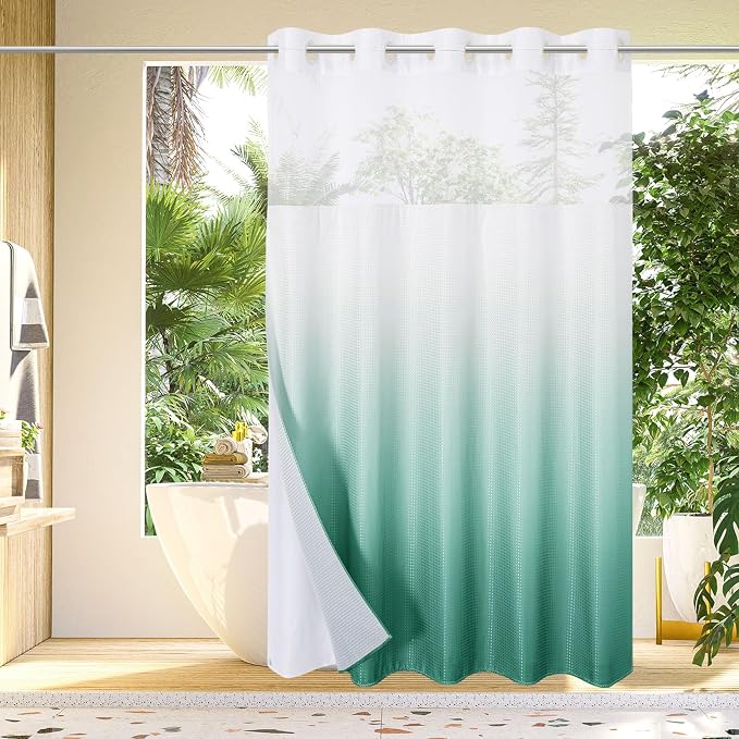 No Hook Cloth Ombre Teal Shower Curtain with Liner, 72x74 | Snap-in Fabric Liner, Hotel Style with Mesh Top Window, Waterproof Coating, Machine Washable, Rustproof Grommets