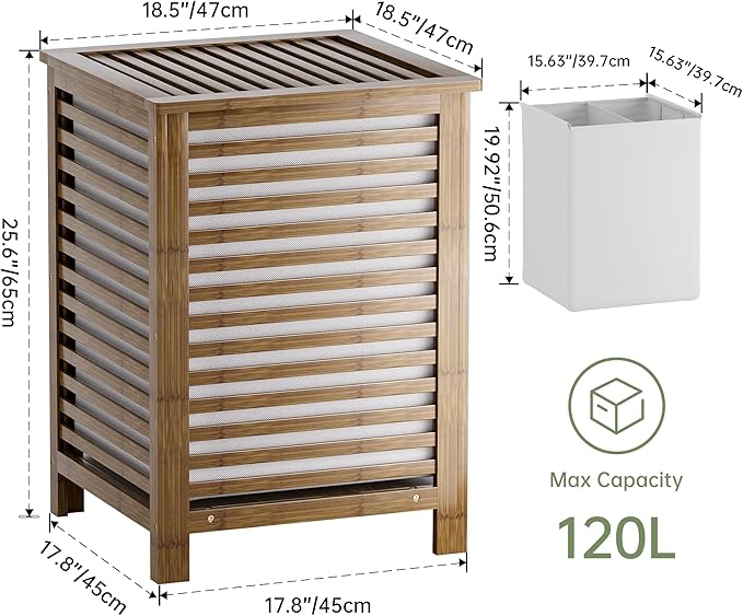 SMIBUY Double Laundry Hamper with Lid, 120L Bamboo Laundry Basket with Removable Liner Bag, 2-Section Clothes Divider Laundry Sorter for Laundry Room, Bathroom, Bedroom (Walnut)