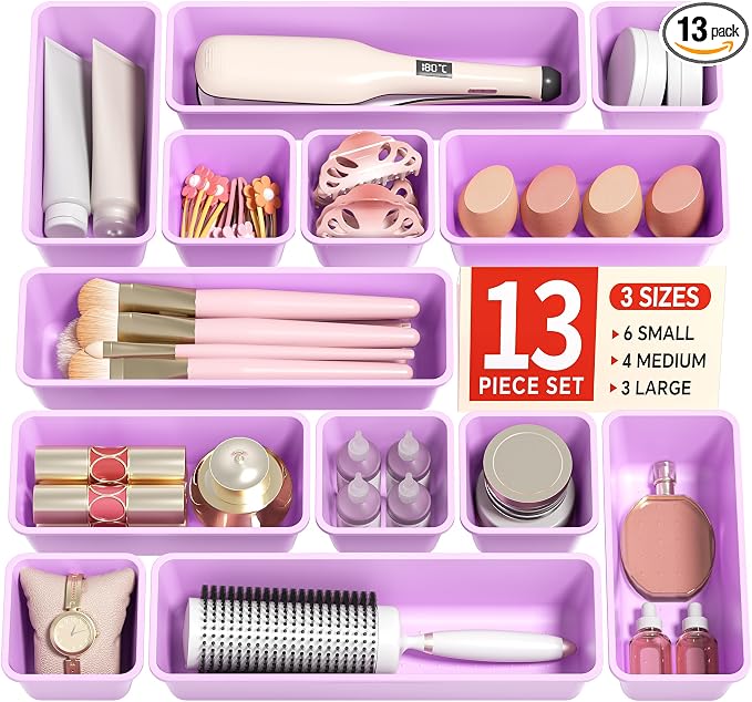 Canfanni 13 Pack Plastic Drawer Organizers Set, 3 Sizes Desk Drawer Organizer Trays for Vanity and Makeup Organizer, Organization and Storage for Makeup, Kitchen Utensils, Bathroom and Office(Purple)