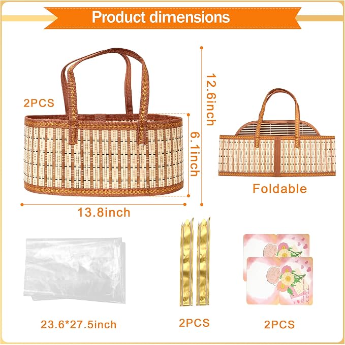 Orchidleaf 2 Set Baskets for Gifts Empty, Woven Bamboo gift baskets empty | Cellophane Wrap for Gift Baskets Empty Gift Baskets to Fill for Baby Baptisms, Mother's Day, Christmas, Housewarming