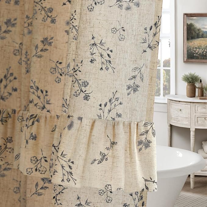 Black Floral Vintage Linen Shower Curtain, French Country Ruffle Shower Curtains for Bathroom, 72Wx72H