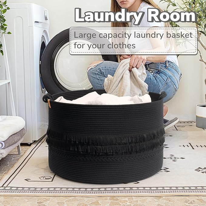 90L Large Woven Rope Blanket Basket with Tassel, 22" x 14", Black | Boho Basket for Toys, Clothes & Pillows Storage, Fits Bedroom Living Room Home Décor, Laundry Hamper with Knotted Handles