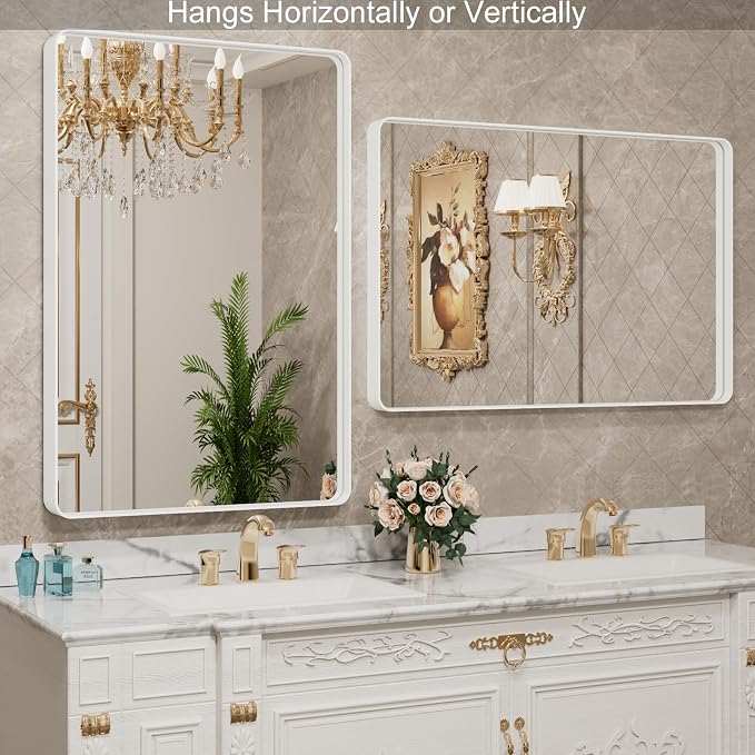 LOAAO White Metal Framed Bathroom Mirror, 48x30 Inch | Rounded Rectangle, Anti-Rust, Tempered Glass, Hangs Horizontally or Vertically