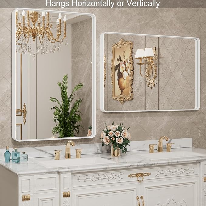 LOAAO White Metal Framed Bathroom Mirror, 20x30 Inch | Rounded Rectangle, Anti-Rust, Hangs Horizontally or Vertically