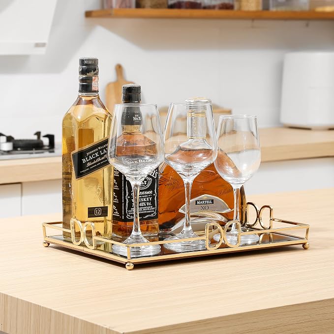 Large Gold Mirrored Tray for Makeup Vanity, 14x10 Entire Length Perfume Organizer for Dresser Top, Elegant Decorative Countertop Storage