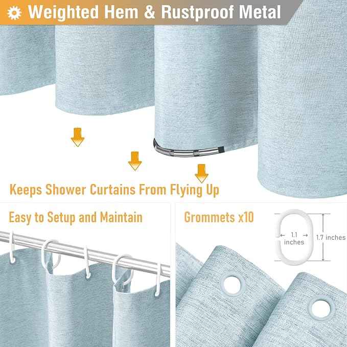 60x72 Linen Textured Waterproof Fabric Shower Curtain Set, Fog Blue | Narrow Size, 230GSM Polyester, Heavy Duty Cloth, Weighted Hem, 10 Plastic Hooks, Modern Luxury Hotel Style, Machine Washable
