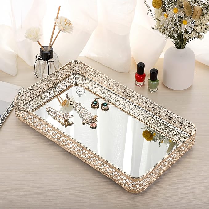 ELLDOO Gold Mirror Glass Perfume & Makeup Vanity Tray, Large Size | Hollow-Carved Jewelry Storage, Metal Trinket Organizer for Dresser Bathroom Countertop