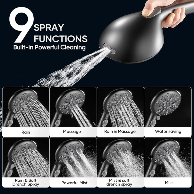 Cobbe 9 Spray Modes Handheld Shower Head, Water-Saving, Matte Black | Power Rinse, 1-Click Pause & Flow Control, 6ft Stainless Steel Hose, Adjustable Brass Bracket
