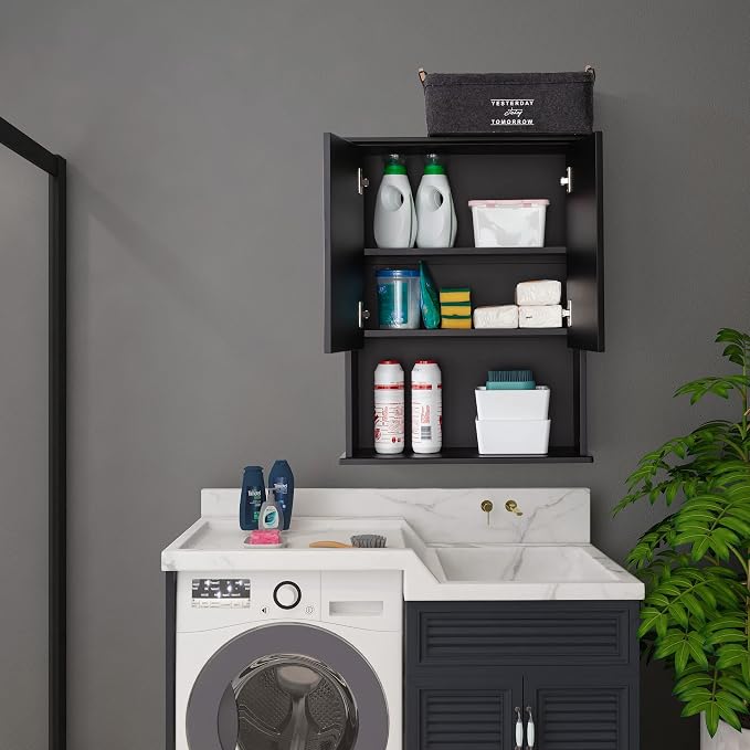 VANIRROR Bathroom Wall Mounted Wood Medicine Cabinet with Adjustable Shelf | 23"x 29" Black Over Toilet Storage Wall Hanging Cabinets for Entryway, Kitchen, Laundry Room