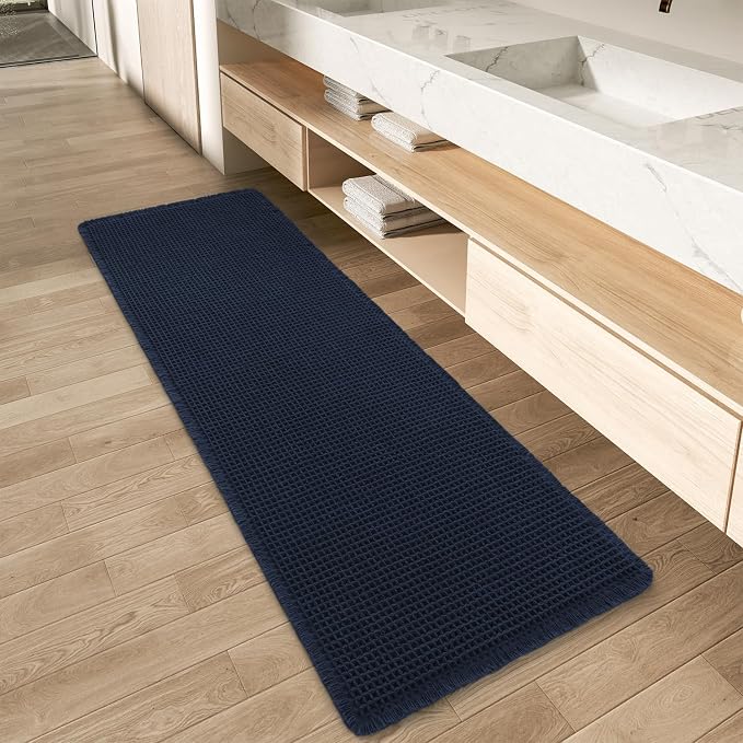 Upgraded Waffle Runner Rug Super Absorbent Non Slip Bath Mats for Bathroom, Washable Bathroom Runner Rug with Tassels, Ideal for Hallway Bedroom Laundry Room, Brown, 2'x 4'(24" x 48"), Navy Blue