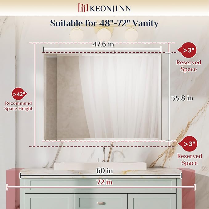 Keonjinn 48 x 36 Inch Beveled Bathroom Mirror with No Frame, Tempered Glass | Rectangle Mirrors for Over Sink, Wall Mirror Shatterproof, Modern Decorative for Living Room, Bedroom, Horizontal/Vertical