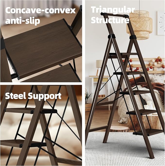 HillhutApex Aluminum 5 Step Ladder, Step Stool Foldable Ladder(Walnut) | Anti-Slip Pedals,330lbs Capacity,Lightweight Folding Ladders for Home,Office,Libaray