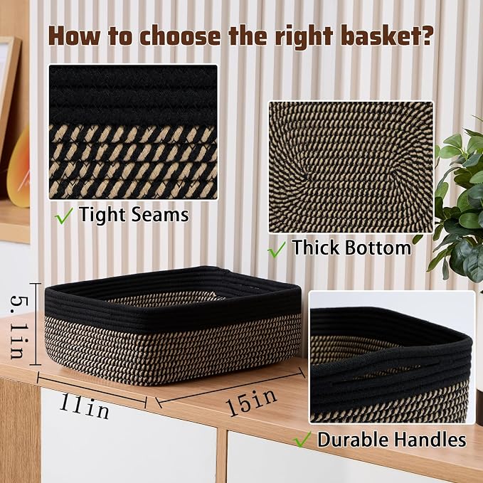MiniArk Large Shallow Organizing Baskets 15x11x5.1 Inches - Rope Woven Storage Bins for Bathroom, Shelves, Cube Closet, Black Woven Brown 3 Packs