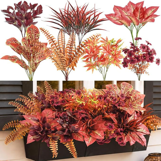 Artificial Fall Flowers for Outdoors, 10 Pcs Fall Plants Porch Decor | UV Resistant Faux Plants for outdoor planters, Fake Flowers Fall Greenery for Outside Yard Thanksgiving Fall Home Decor