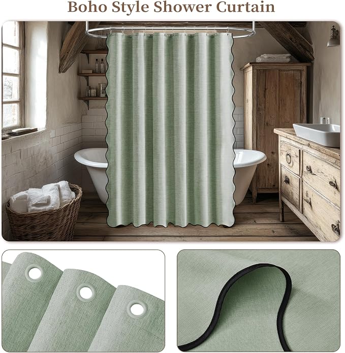 Boho Scalloped Linen Textured Cloth Shower Curtain, 72x84, Sage Green | Tall Size, 230GSM Waterproof Polyester, Heavy Duty Fabric, 12 Plastic Hooks, Elegant Modern Farmhouse Style, Machine Washable