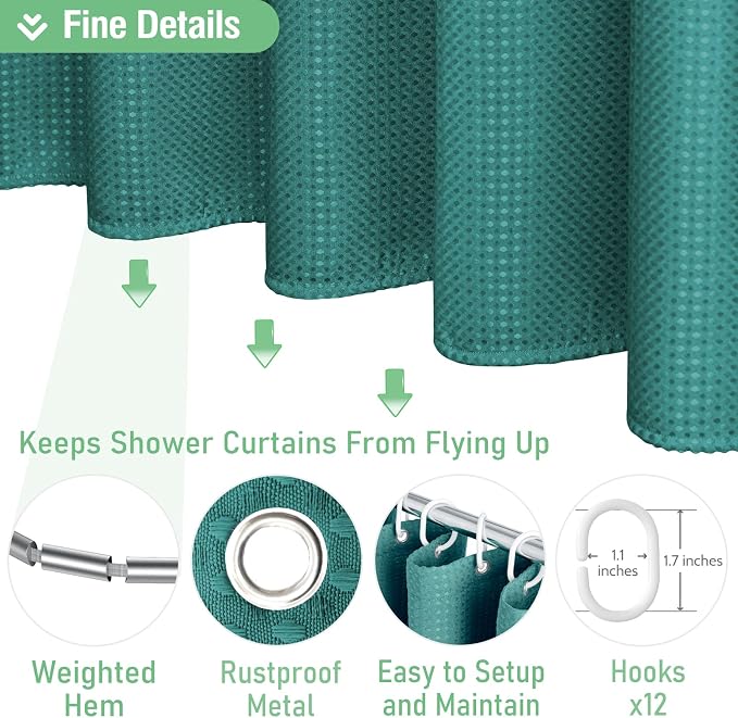 Extra Long Waffle Shower Curtain 256GSM Fabric 72x84 Seaweed Green | 84 Inch Long, Thick Cloth, Weighted Hem, Water Repellent, Tall Hotel Luxury Polyester Shower Curtains for Bathroom 12 Hooks