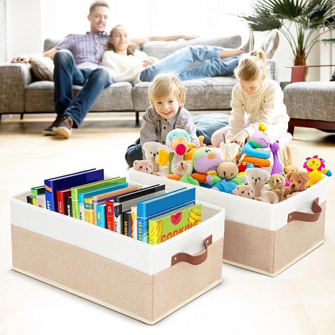 Closet Organizer Bins 3 Pack, Large Storage Bins for Shelves | Foldable Closet Storage Boxes Baskets with Leather Handles for Organizing Clothes, Sheets, Jeans, Toys, Books（Begie）