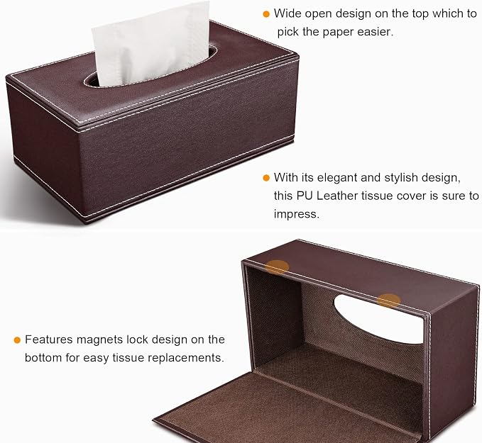 Tissue Box Cover Rectangle, PU Leather Tissue Box Holder Rectangular, Kleenex Box Covers for Home/Office/Car Decoration 9.84"X5.23"X3.77" - Brown