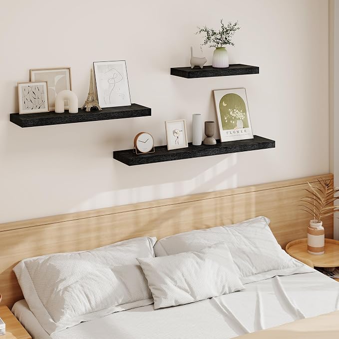 Vivelove Floating Shelves 9 inch Deep 16”Long Set of 2, Black | Easy Install With Hardware, 1.5" Thick, Invisible Brackets, Wall Mounted, No Sagging, For Any Room