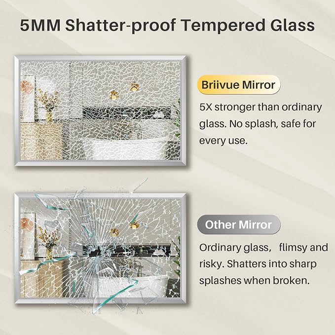 28x36 Inch Brushed Silver Bathroom Mirror for Wall, Thick Metal Framed Rectangle Mirrors for Over Sink, Bedroom, Living Room, Entryway, Anti-Rust, HD Tempered Glass