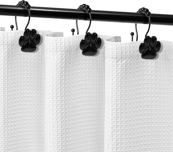 Sunlit Fashion Design Cute Paw Print Polished Double Shower Curtain Hooks for Dog Cat and Bear, Rust Proof Oil Metal Shower Curtain Rings, Black-12 Pack