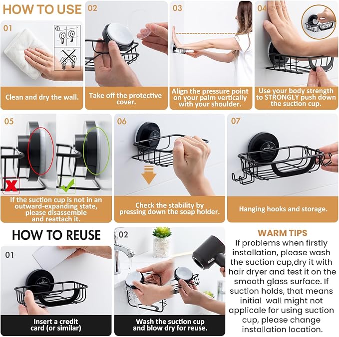 Bar Soap Holder with Hooks, Suction Cup Soap Dish Stainless Steel | Soap Holder Shower Wall Mounted, Soap and Razor Holder for Shower, Rustproof for Bathroom, Sponge Holder Saver, Black