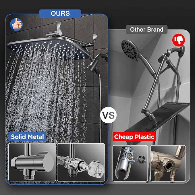 Veken Gunmetal Gray 11.8" High Pressure Shower Head with Handheld, Durable | Handheld Shower with Multi Spray Modes, Rainfall Combo with 15" Metal Extension Arm, Detachable Dual Shower, Bathroom Decor