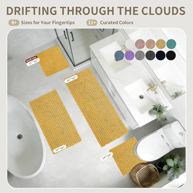 Bathroom Rugs Non Slip Washable 44x24, Extra Thick Soft Chenille Absorbent Bath Mat, High Density Barrier Non Slip Backing, Quick Dry Plush Shaggy Floor Carpet for Tub&Shower, Yellow