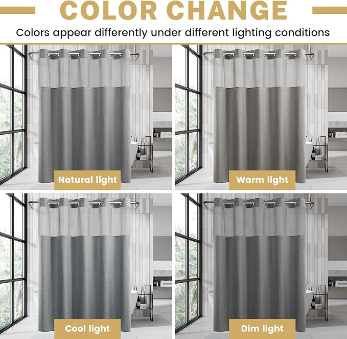 WONICY Small No Hook Shower Curtain with Snap-in Liner, Grey, 36 x 74 | Ringless, Waterproof & Washable, Hotel Style, Mesh Top Window, Bottom Magnets, Thick, Farmhouse, for Bathroom